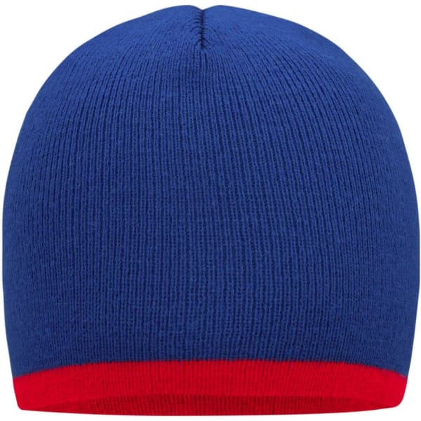 A beanie with a blue body and a red contrast edge, featuring a logo on the side.