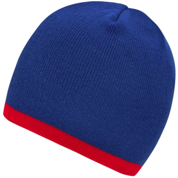 A beanie with a blue body and a red contrast edge, featuring a logo.