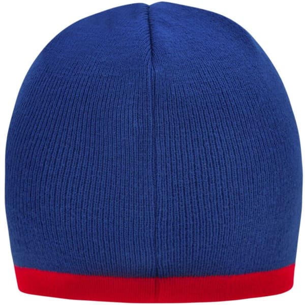 A beanie with a blue body and a red contrast edge, featuring a logo on the side.