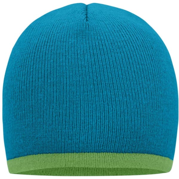 A beanie with a bright blue body and a contrasting green edge, featuring a logo on the side.