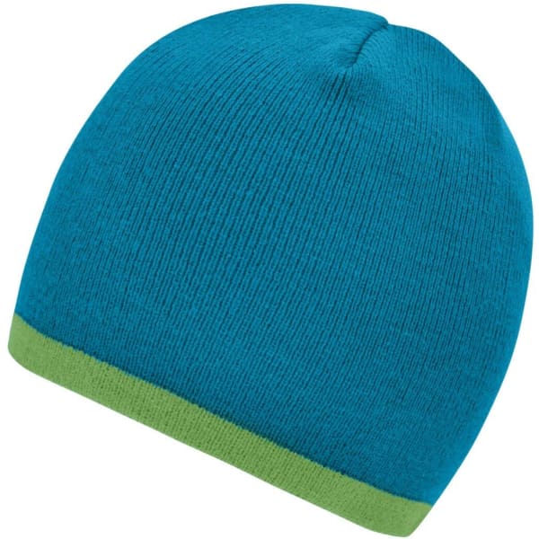 A blue beanie with a contrasting green edge and a seamless design. Features a logo on one side.
