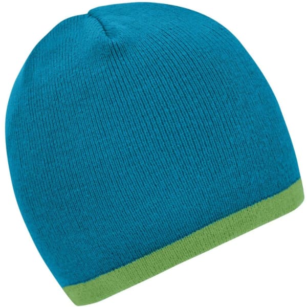 A beanie in vibrant blue with a contrasting green edge, featuring a logo.