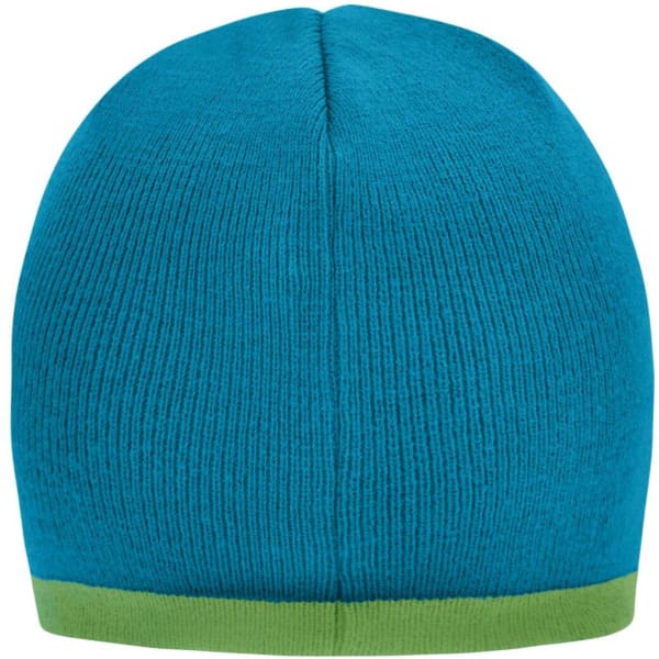 A beanie in bright blue with a contrasting green edge, featuring a logo on the side.