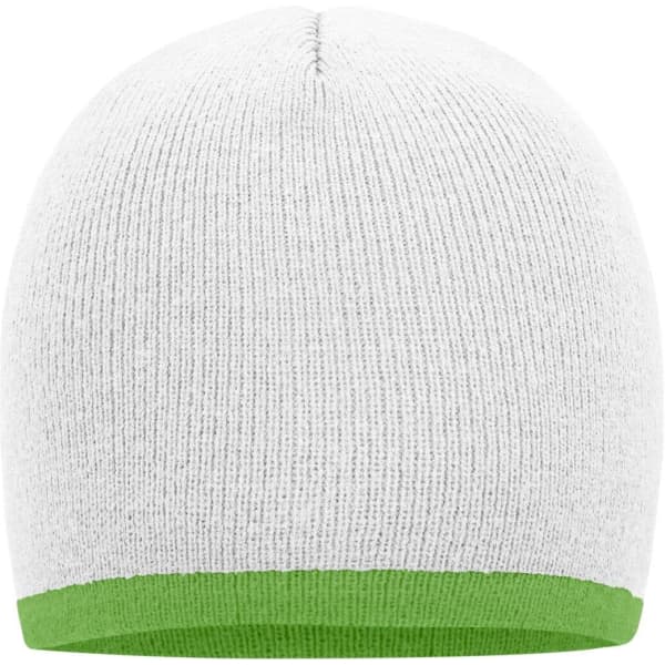 A knitted beanie in grey with a green contrast edge at the bottom, featuring a logo on the side.