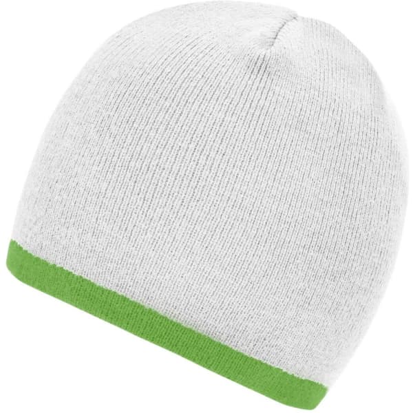 A white beanie with a contrasting green edge, featuring a simple knit design and no visible branding.