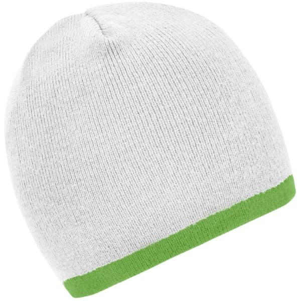A white beanie with a green contrast edge, featuring a snug fit and a knitted texture.