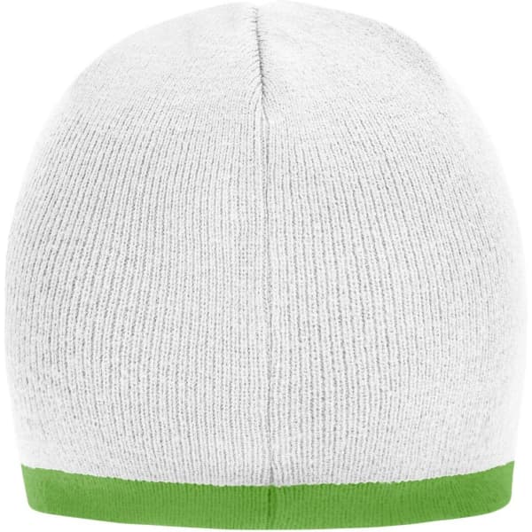 A beanie with a white body and a green contrast edge, featuring a textured knit design and a brand logo.