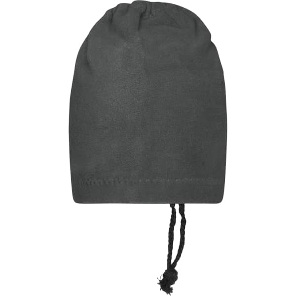 A black balaclava with a drawstring at the bottom, featuring a simple design and no visible logos.