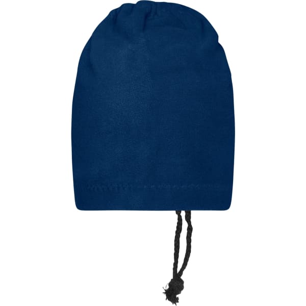A navy blue balaclava with a drawstring closure at the bottom, featuring a smooth fabric texture.