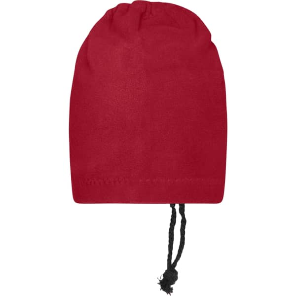A red balaclava with a drawstring at the base, designed for warmth and coverage. It features a logo.