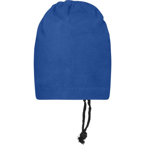 A blue balaclava with a drawstring at the base and a smooth finish. It features a logo on the side.