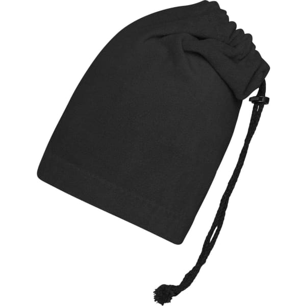 A black balaclava with a drawstring for adjustment, designed as a clothing accessory.