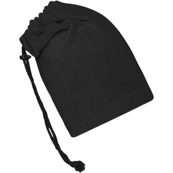 A black balaclava with a drawstring closure, designed as a clothing accessory.