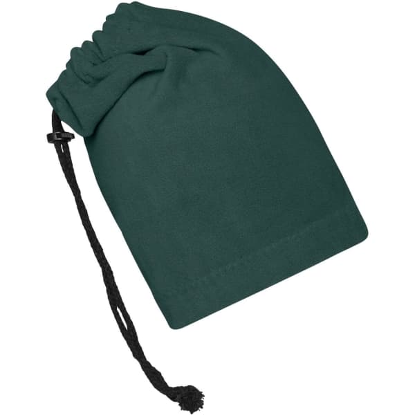 A green balaclava with a drawstring, made from soft fabric. It features a black strap for adjustment.
