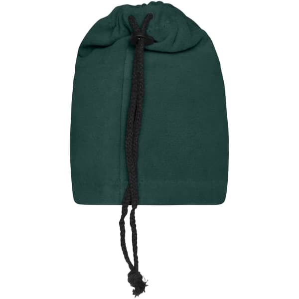 A dark green balaclava with a drawstring at the top, featuring a simple design and no visible branding.