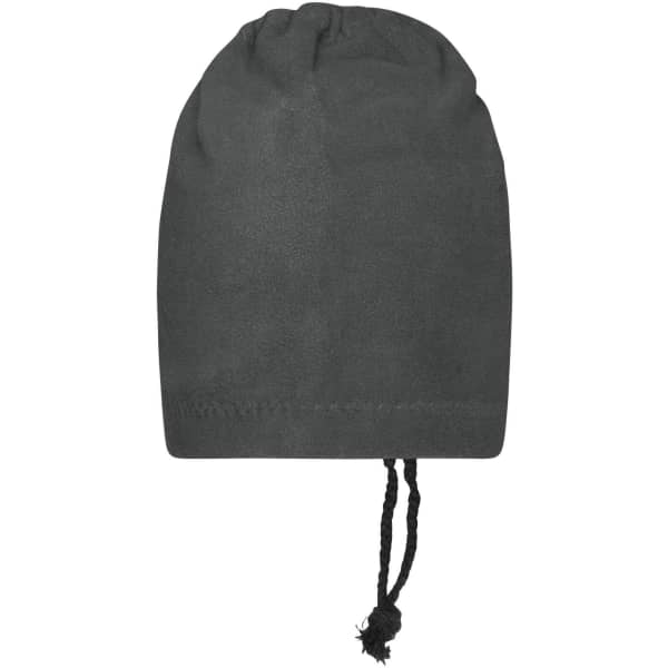 A dark grey balaclava with a drawstring at the base, designed for head and neck coverage.