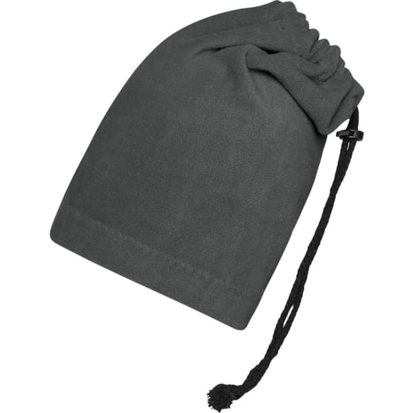 A grey balaclava with a drawstring closure and a gathered top, featuring a branding logo.