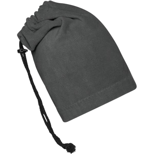 A dark grey balaclava with a drawstring closure, categorized as a clothing accessory. It features a smooth texture.