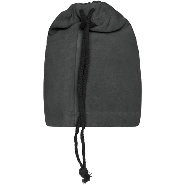 A black balaclava with a drawstring closure, offering full coverage for the head and neck.