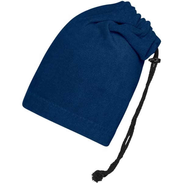 A dark blue balaclava with a gathered top and adjustable drawstring. It features a logo.