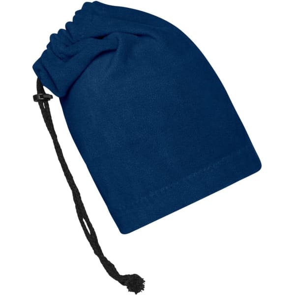 A navy blue balaclava with a drawstring for adjustment. It has a simple design and features a logo.