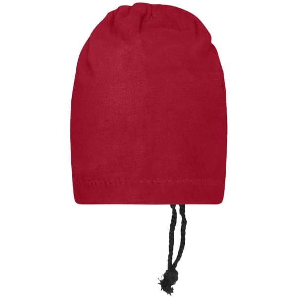 A red balaclava with a drawstring feature, presented as a clothing accessory.