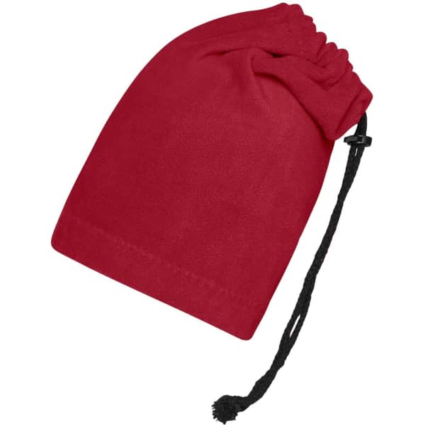 A red balaclava with a drawstring and black adjustable cord, designed as a clothing accessory.