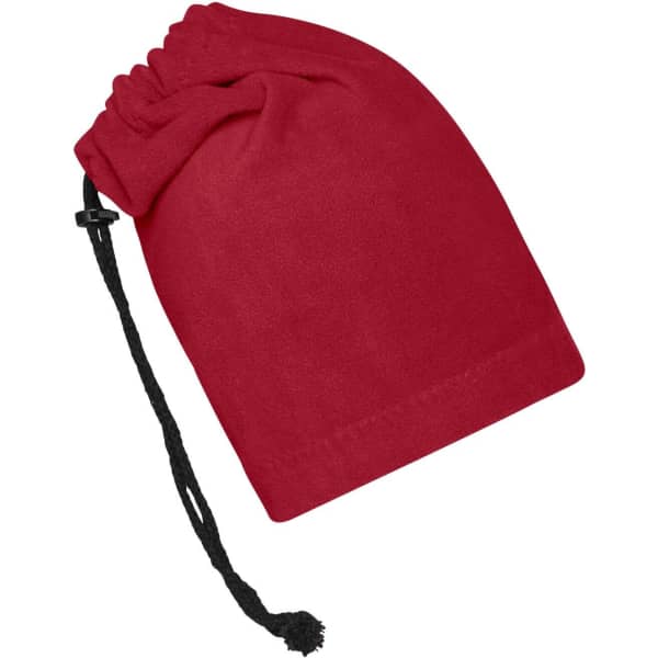 A red balaclava featuring a drawstring for securing fit, suitable as a clothing accessory.