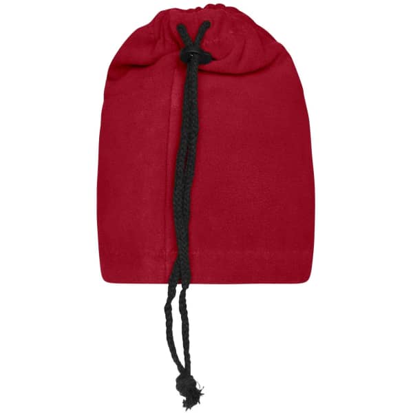 A red balaclava with a drawstring closure. The fabric appears soft and is suitable as a clothing accessory.