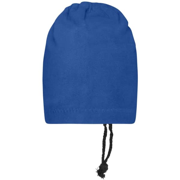 A blue balaclava with a drawstring at the bottom, made from soft fabric, featuring a logo.