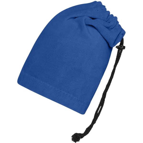 A blue balaclava made from soft fabric, featuring a drawstring for adjustment and a simple design.