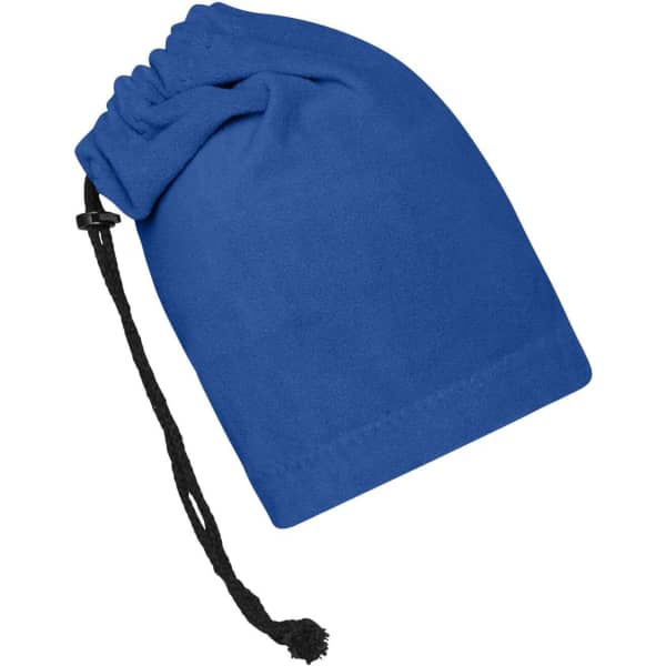 A blue balaclava with a drawstring for adjustment, featuring a smooth fabric design.