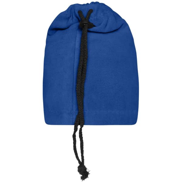 A blue balaclava with a drawstring closure, featuring a black cord. It is designed as a clothing accessory.
