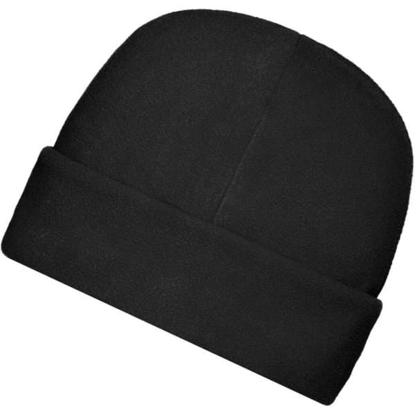 A black microfleece cap with a folded brim and a smooth texture. It has a logo on it.