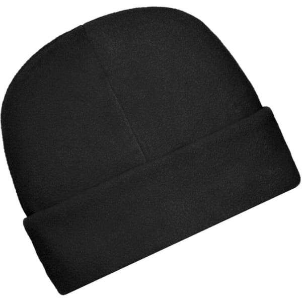 A black microfleece cap with a folded brim, featuring a simple design and a logo.