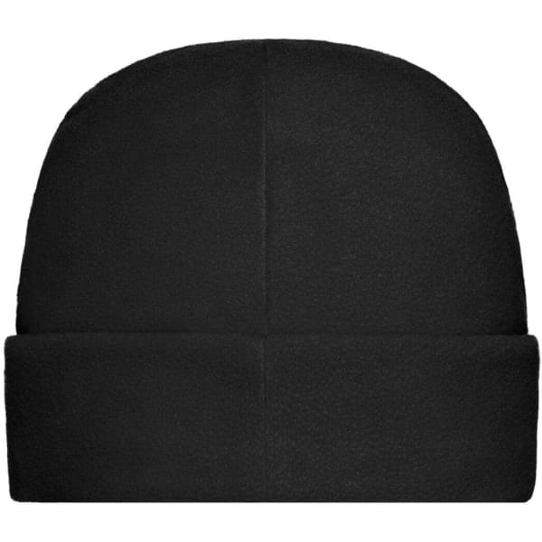 A black microfleece cap with a folded cuff and rounded top, featuring a subtle logo.