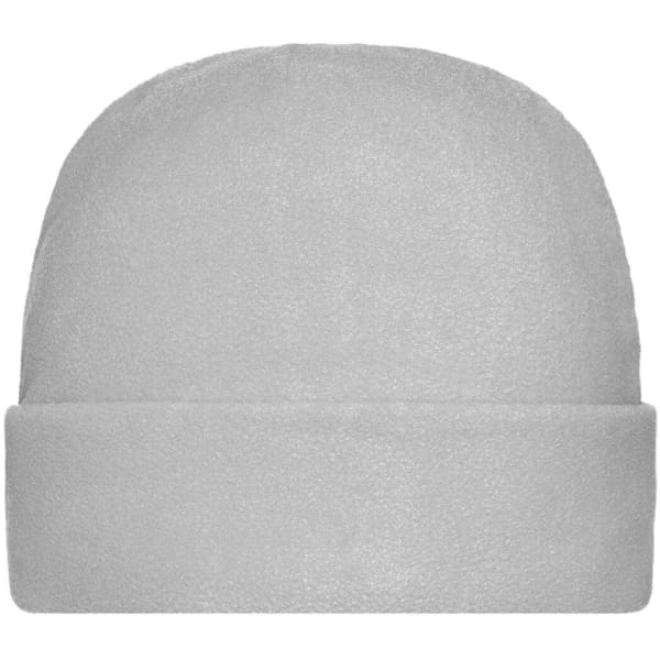 A microfleece cap in a light grey colour with a folded brim and a logo.