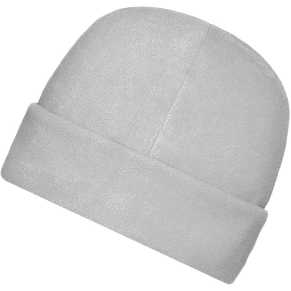 A microfleece cap in light grey, featuring a folded cuff and a smooth texture. It has a logo on it.