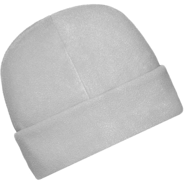 A grey microfleece cap with a rolled hem, featuring a subtle logo.