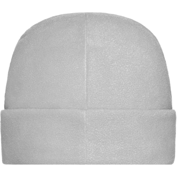 A microfleece cap in light grey with a simple design and a folded cuff, featuring a logo.