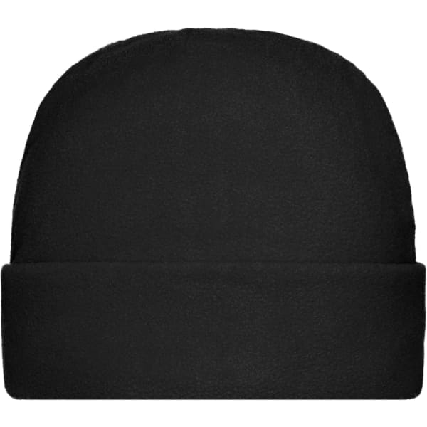 A black microfleece cap with a rolled cuff and a smooth texture. It features a logo on the fabric.