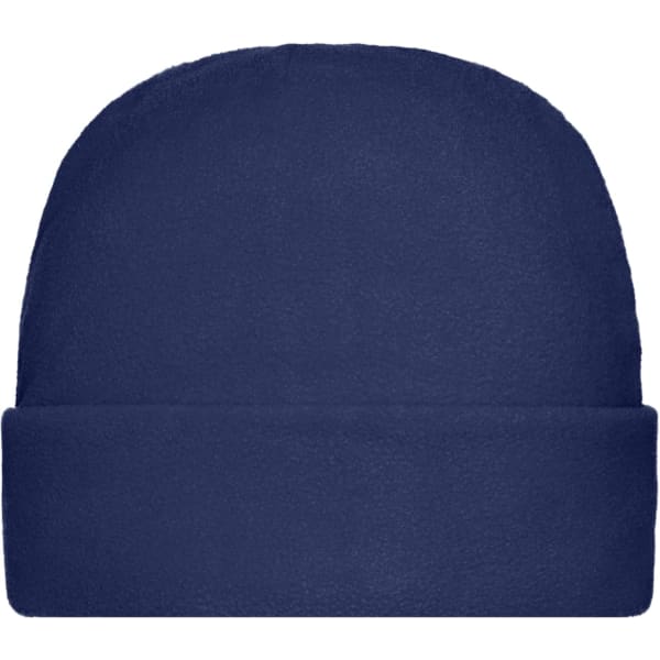 A navy microfleece cap with a folded cuff and soft texture. It features a logo on the side.