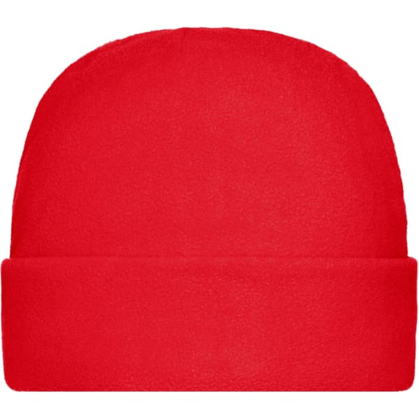 A red microfleece cap with a rolled cuff, featuring a logo on the side.