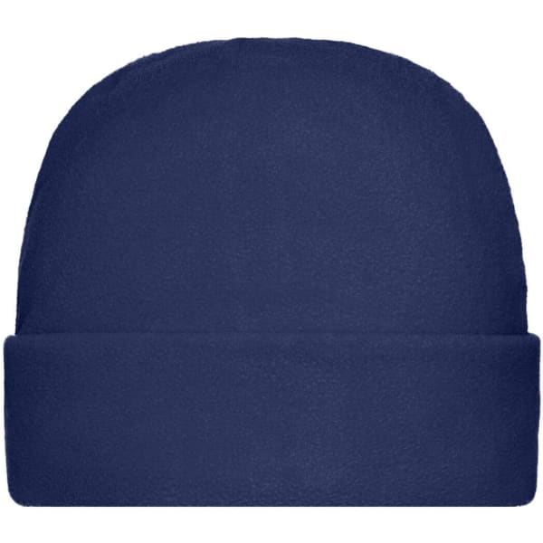 A navy blue microfleece cap featuring a folded brim and a smooth texture, with a logo on the side.