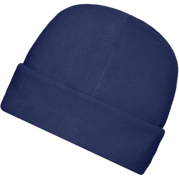 A navy microfleece cap with a folded cuff, featuring a branding logo.