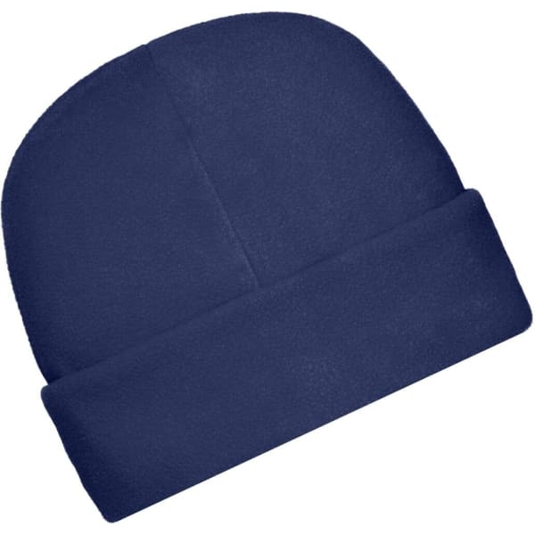 A navy blue microfleece cap with a cuffed design. Features a logo on the side.