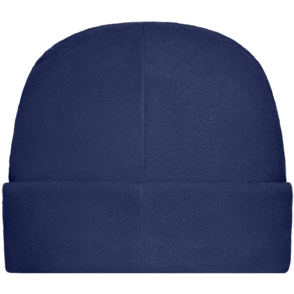 A navy microfleece cap with a folded brim and a smooth texture. It features a logo on the side.