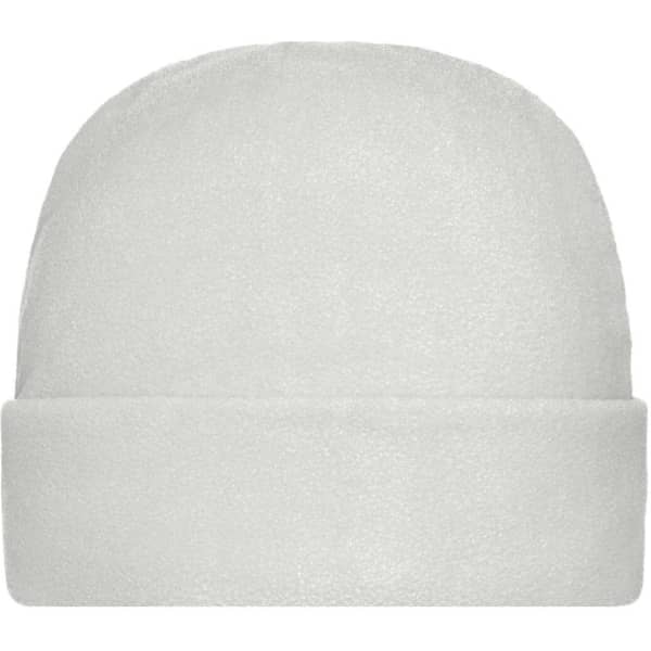 A soft white microfleece cap with a rounded top and a folded brim, featuring a logo.