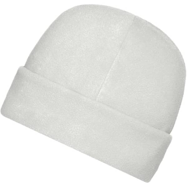 A microfleece cap in white, featuring a soft texture and a folded cuff. It has a branding logo.