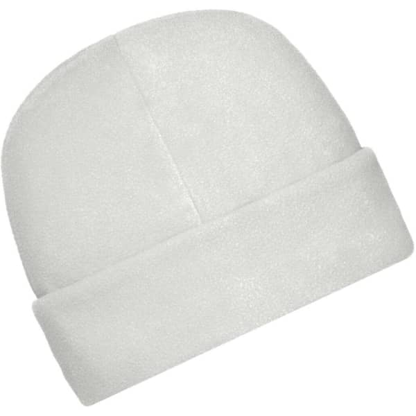 A white microfleece cap with a folded brim, featuring a logo on the side.